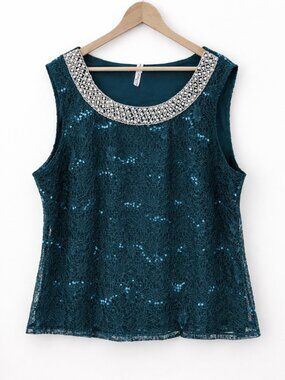 NY Collection Sequin Tank Top XXL Emerald Teal Sleeveless Beaded Neck Blouse